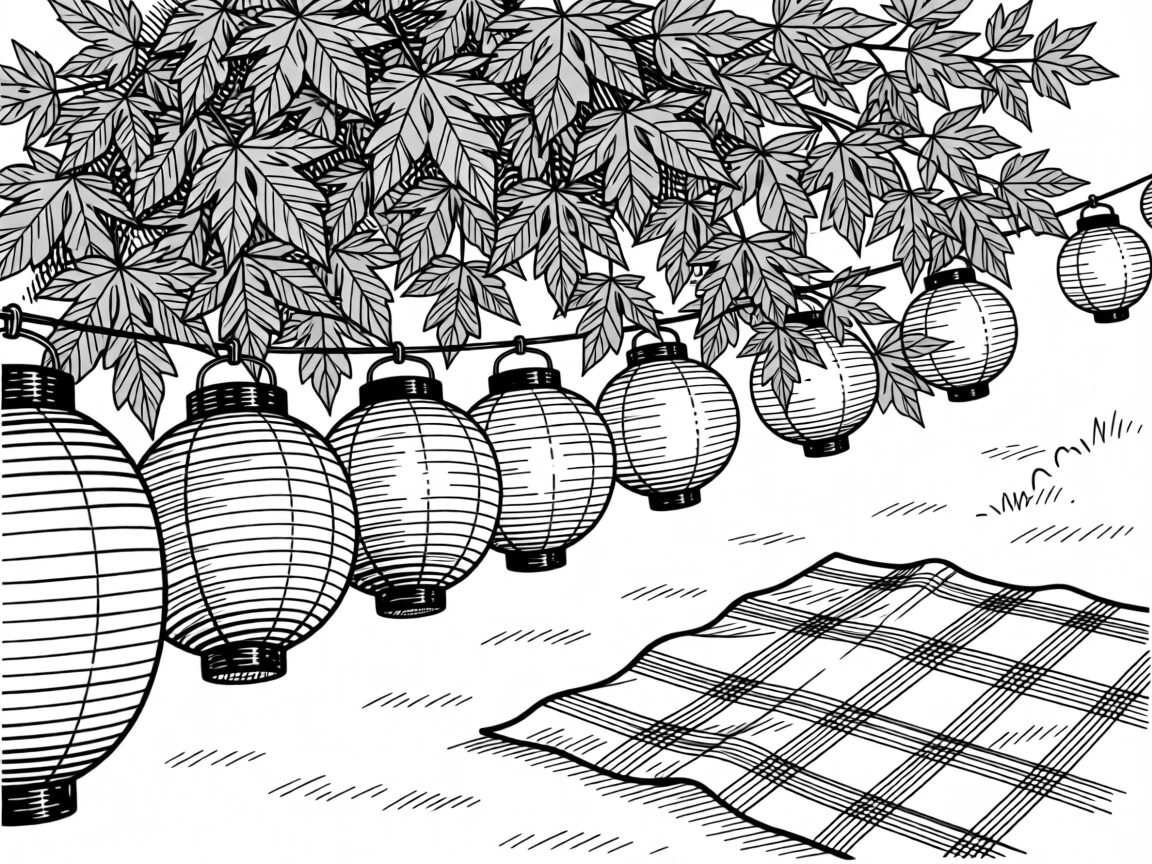 A string of paper lanterns during a summer festival under a canopy of autumn leaves in every shade of gold, with a plaid blanket spread nearby, capturing a gently sentimental seasonal moment.