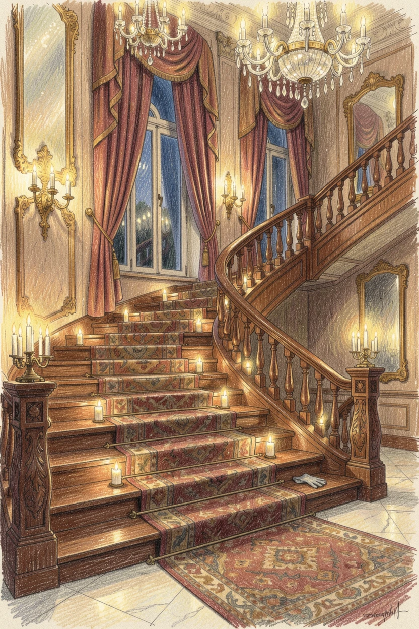 A grand ballroom staircase glowing with candlelight for a gala, with delicate details that reward a closer look, capturing a quiet story that lingers with the viewer.