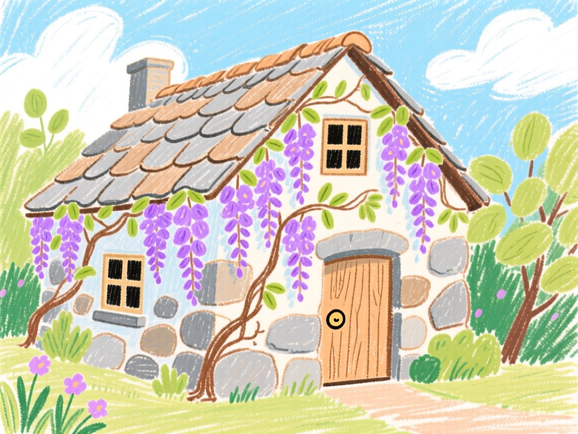 A stone cottage surrounded by blooming wisteria vines.