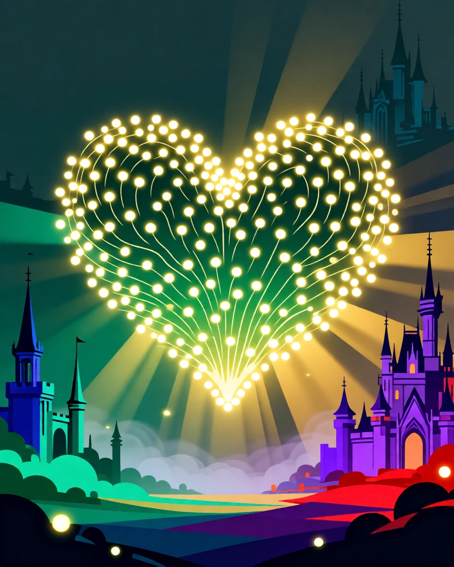 A magical firefly swarm forming the shape of a glowing heart, set within a mystical kingdom shrouded in soft golden light, arranged with soft glowing light radiating from the center, with rich jewel tones that evoke wonder and imagination.