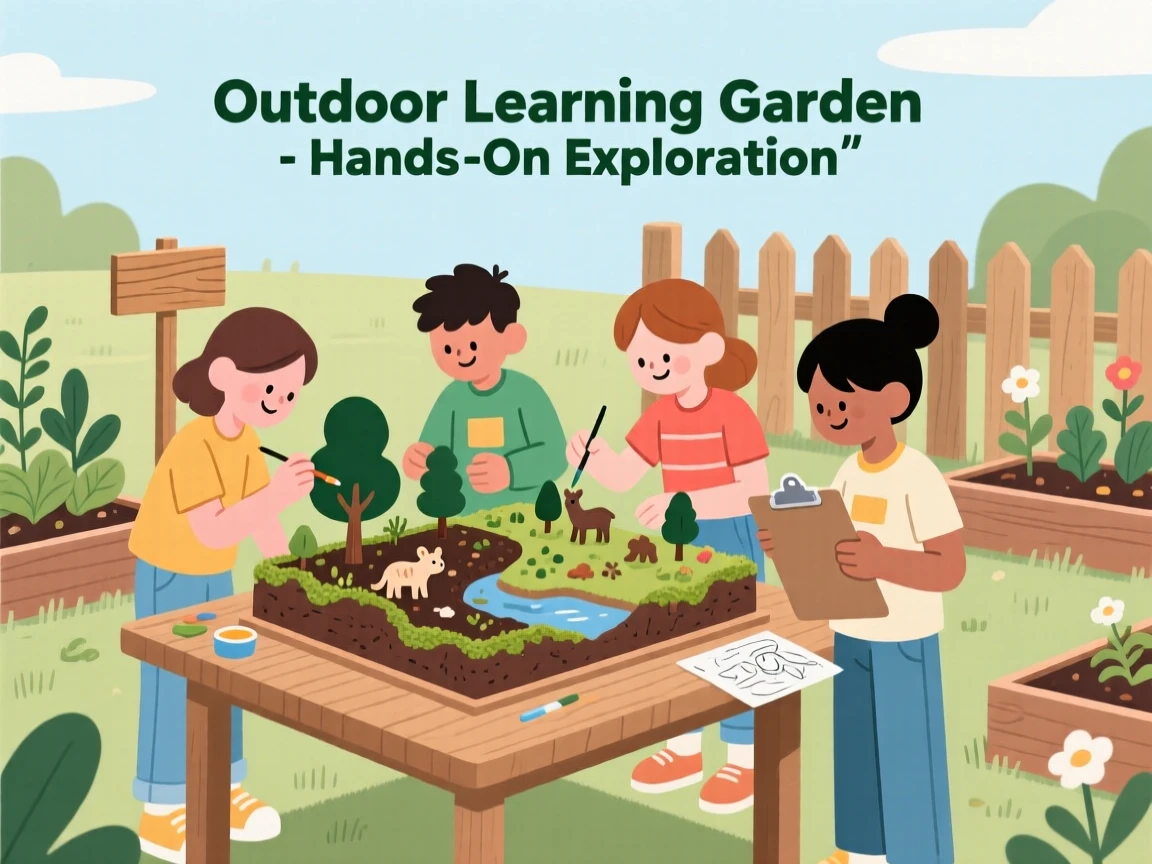 A group of students building a diorama in an outdoor learning garden.