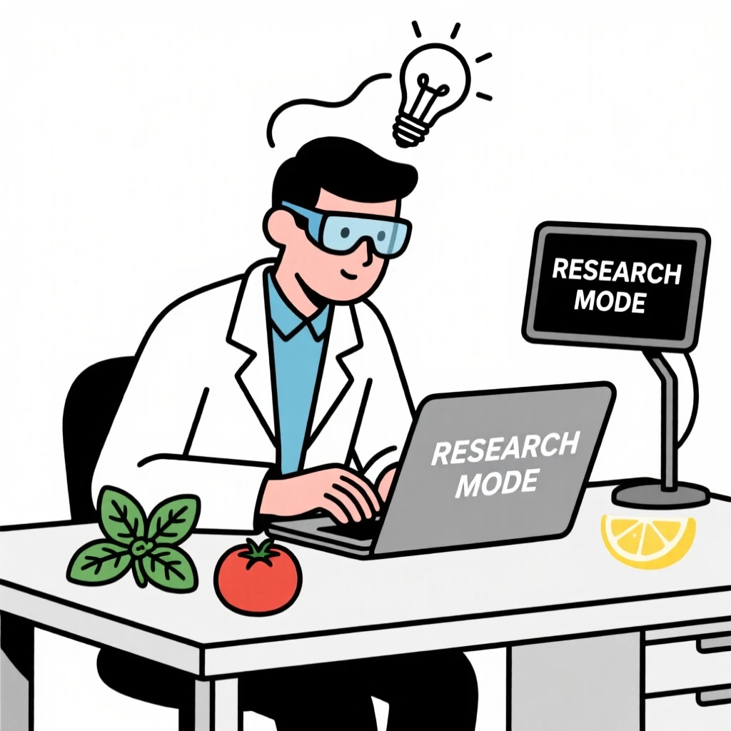 A focused engineer at a workstation working at a research laboratory, surrounded by fresh ingredients, expressing creative problem-solving.