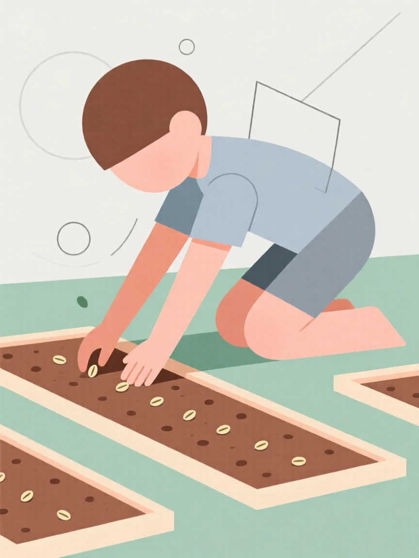 A young child planting seeds in a garden