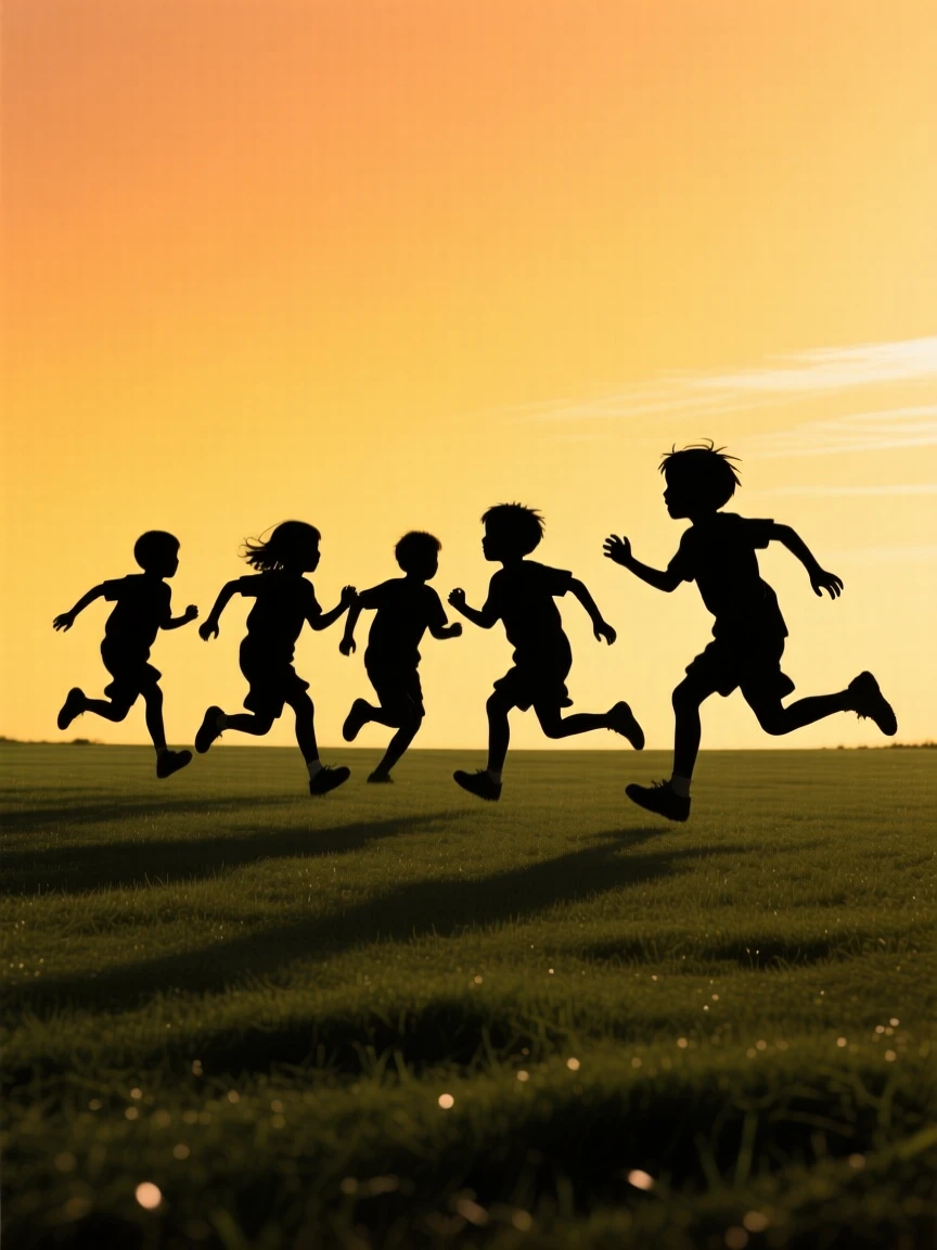 A group of children playing tag across a wide green lawn.
