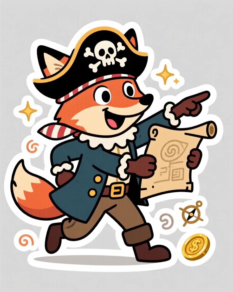 A playfully retro pirate captain fox holding a treasure map, caught mid-action with dramatic energy, in a world full of wonder and imagination.