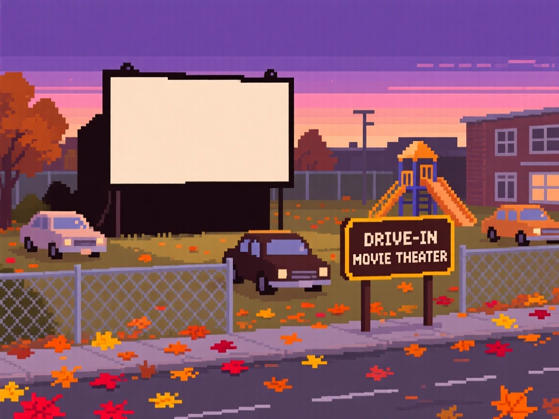 A drive-in movie theater at dusk surrounded by fallen leaves on a quiet street, in a schoolyard during recess.
