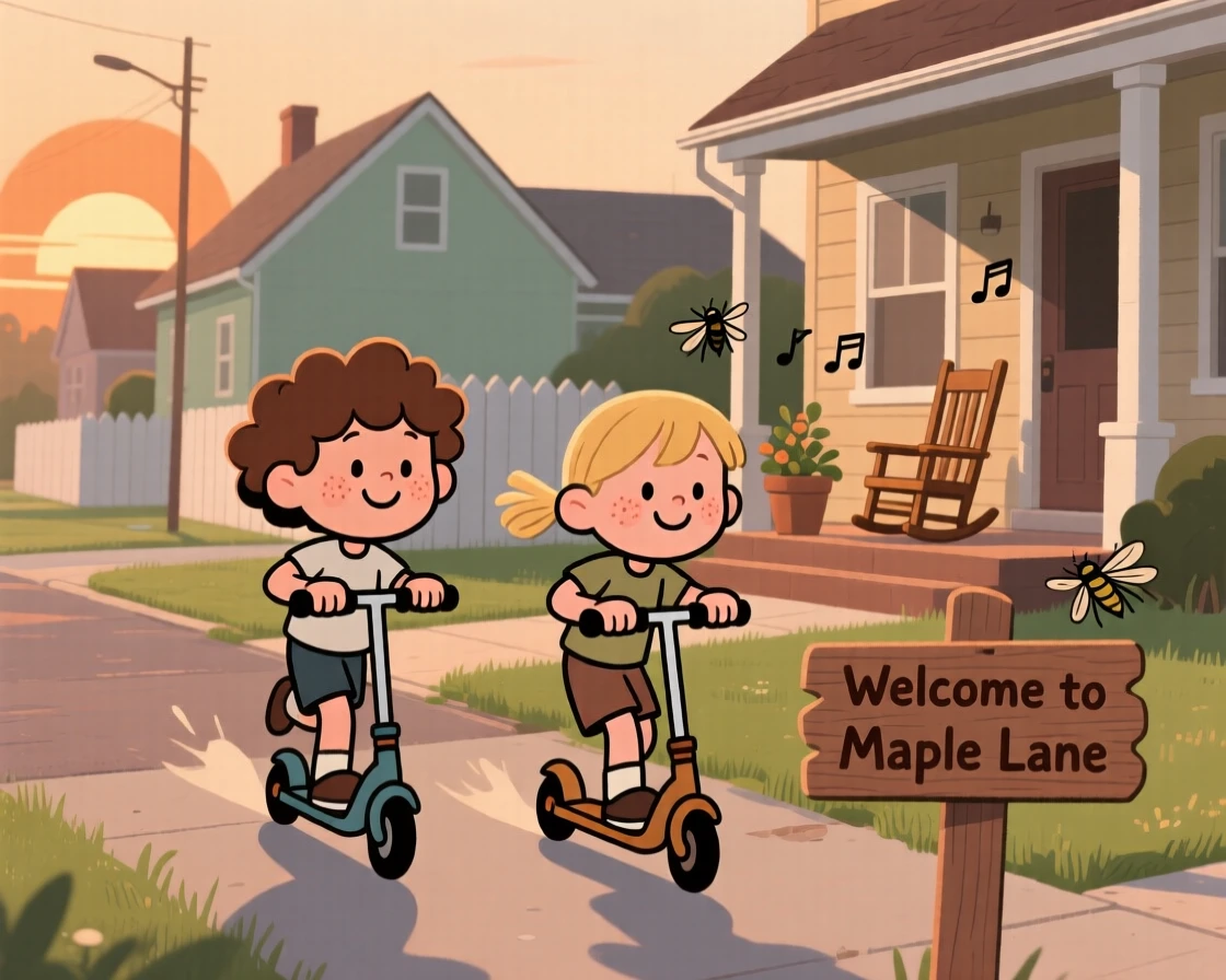 A child rides a scooter down a quiet suburban street on a warm summer evening, racing a friend to the corner as the hum of cicadas drifts from a nearby porch.