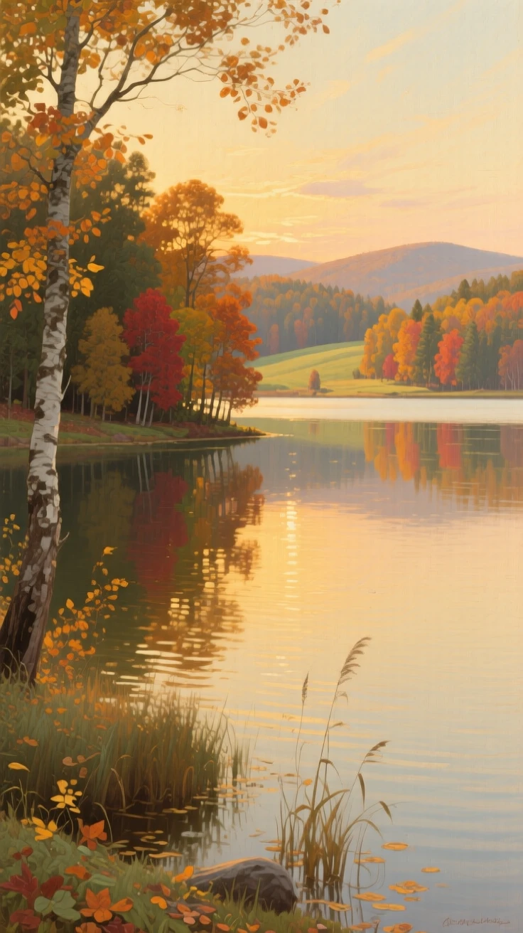 A broad landscape view of a tranquil lake surrounded by autumn-colored trees, in the 1930s, at golden hour.