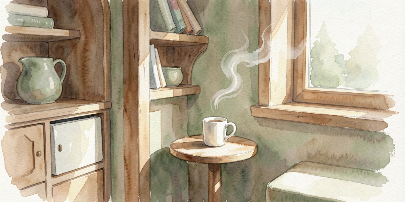 A tiny house interior with clever storage with a steaming mug on a side table.