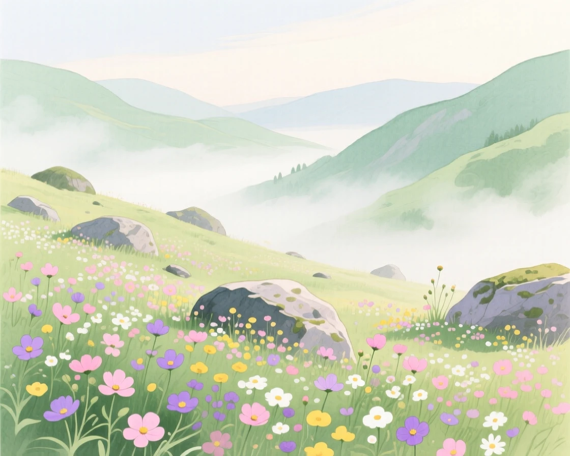 A breathtaking view of a valley of blooming wildflowers as morning mist rolls through, where wildflowers grow between the rocks