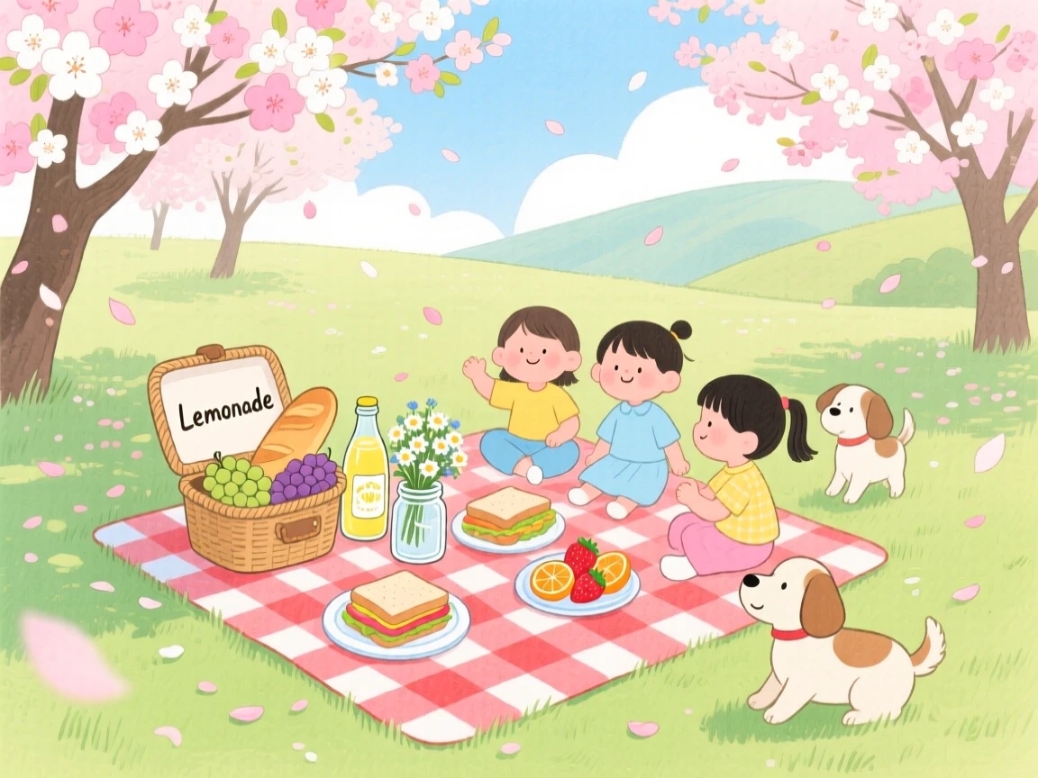 A festive scene of a picnic under cherry blossoms on a warm spring afternoon.