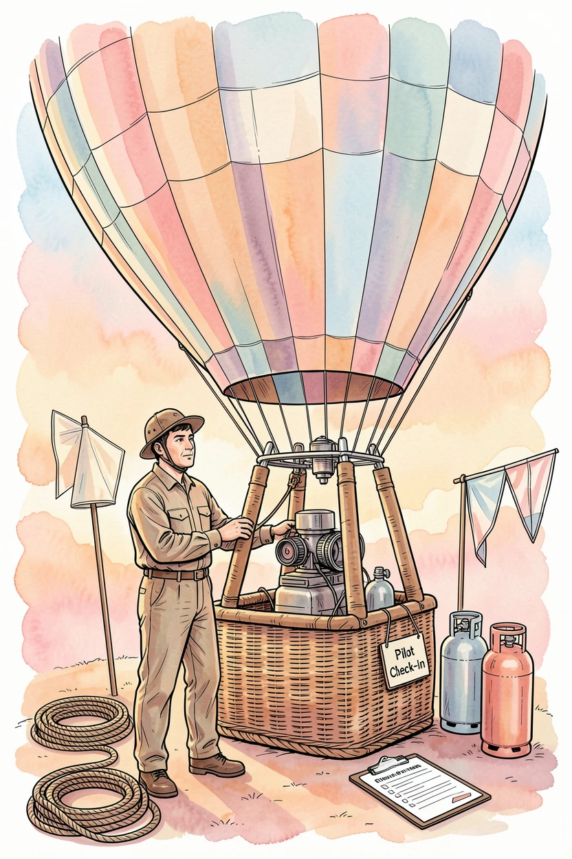 A hot air balloon pilot preparing for takeoff at sunrise, the setting filled with the tools and textures of the craft.