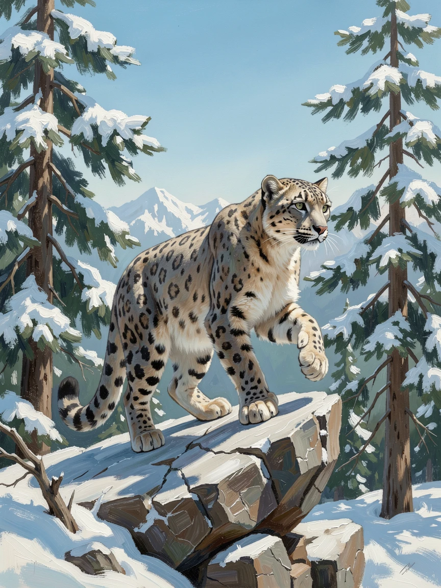 Amid towering pine trees dusted with fresh snow, a snow leopard perched on a rocky mountain ledge, it pausing mid-stride, alert to the slightest sound, on a clear summer afternoon.