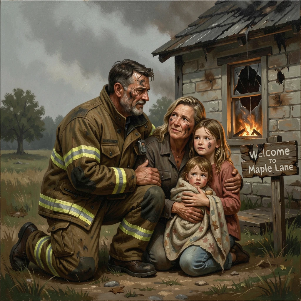A firefighter comforting a family after saving their home from a blaze, as a single meaningful gesture captures the heart of the moment, capturing a powerful moment of hope, resilience, and human triumph