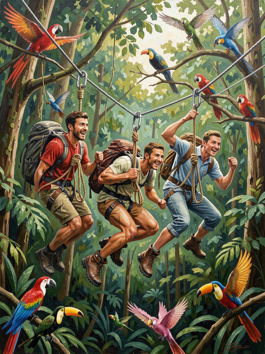 A group of adventurers zip-lines through a lush Costa Rican rainforest canopy, colorful birds visible flitting between the treetops below, small gear details, like worn boots or coiled rope, hinting at the effort behind the moment.