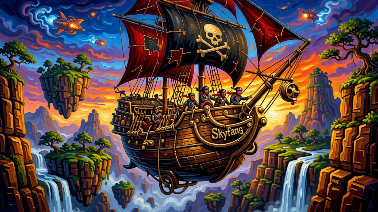 A sky pirate crew navigating their airship through a canyon of floating rock islands