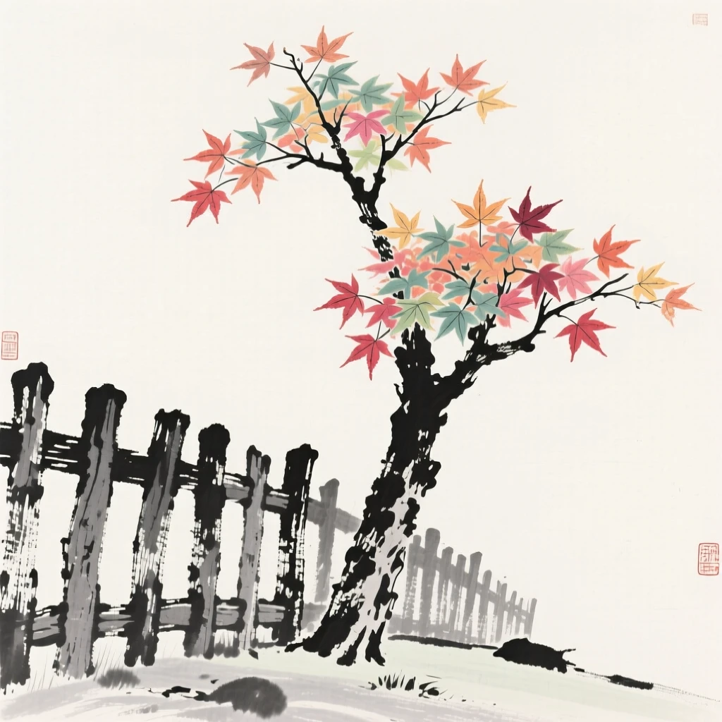 A solitary maple tree in full color beside a weathered wooden fence, seen from a low angle looking upward, conveying gentle stillness and natural harmony.
