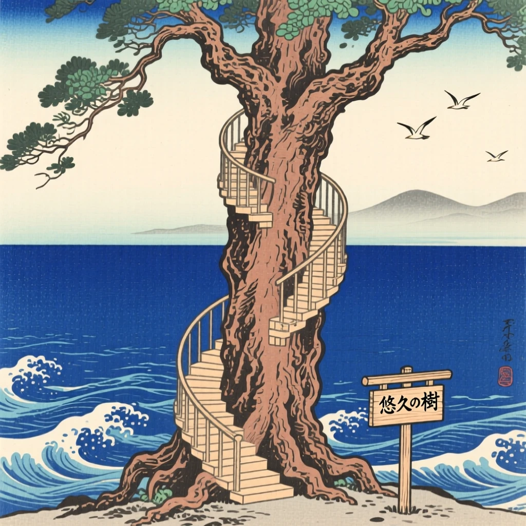An ancient tree with a spiral staircase carved into its trunk, shimmering in the deep blue sea.