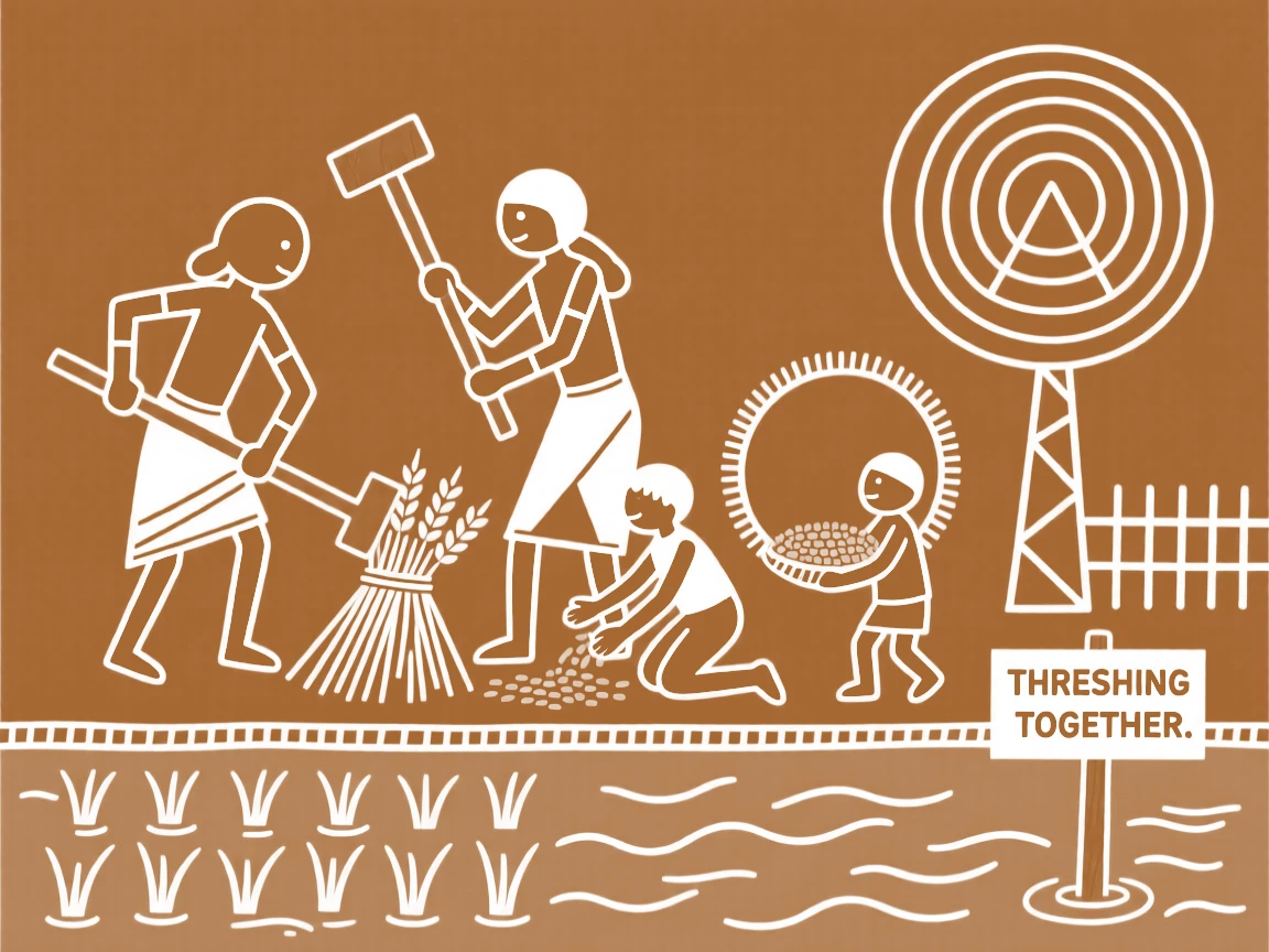 A family threshing wheat by hand working together in a flooded rice paddy.