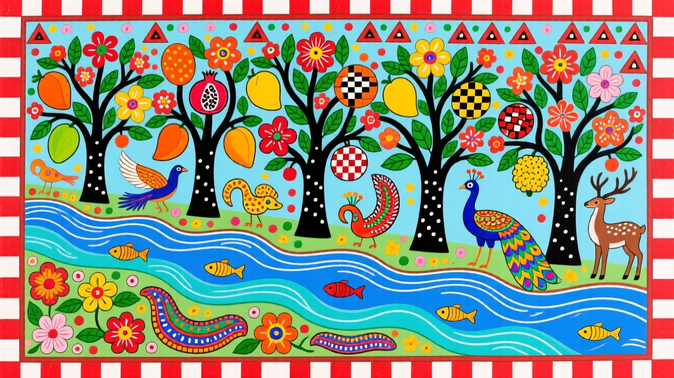 A row of fruit trees blossoming along the banks of a slow river.