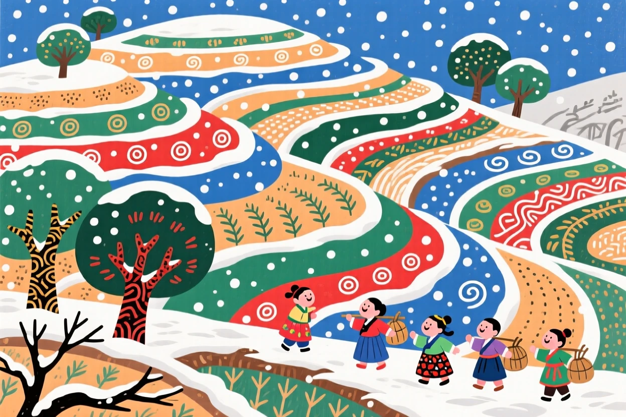 A view of a terraced hillside during a soft and steady snowfall.
