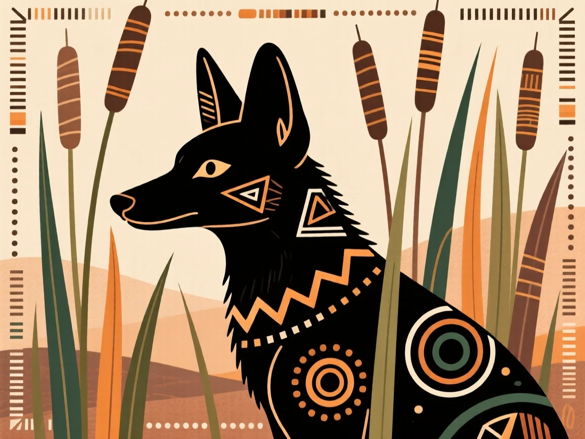 A black-backed jackal peering curiously from behind tall reeds.