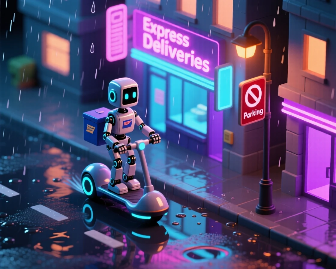 A robot postman riding a hoverboard through a rain-slicked neon city street at night.