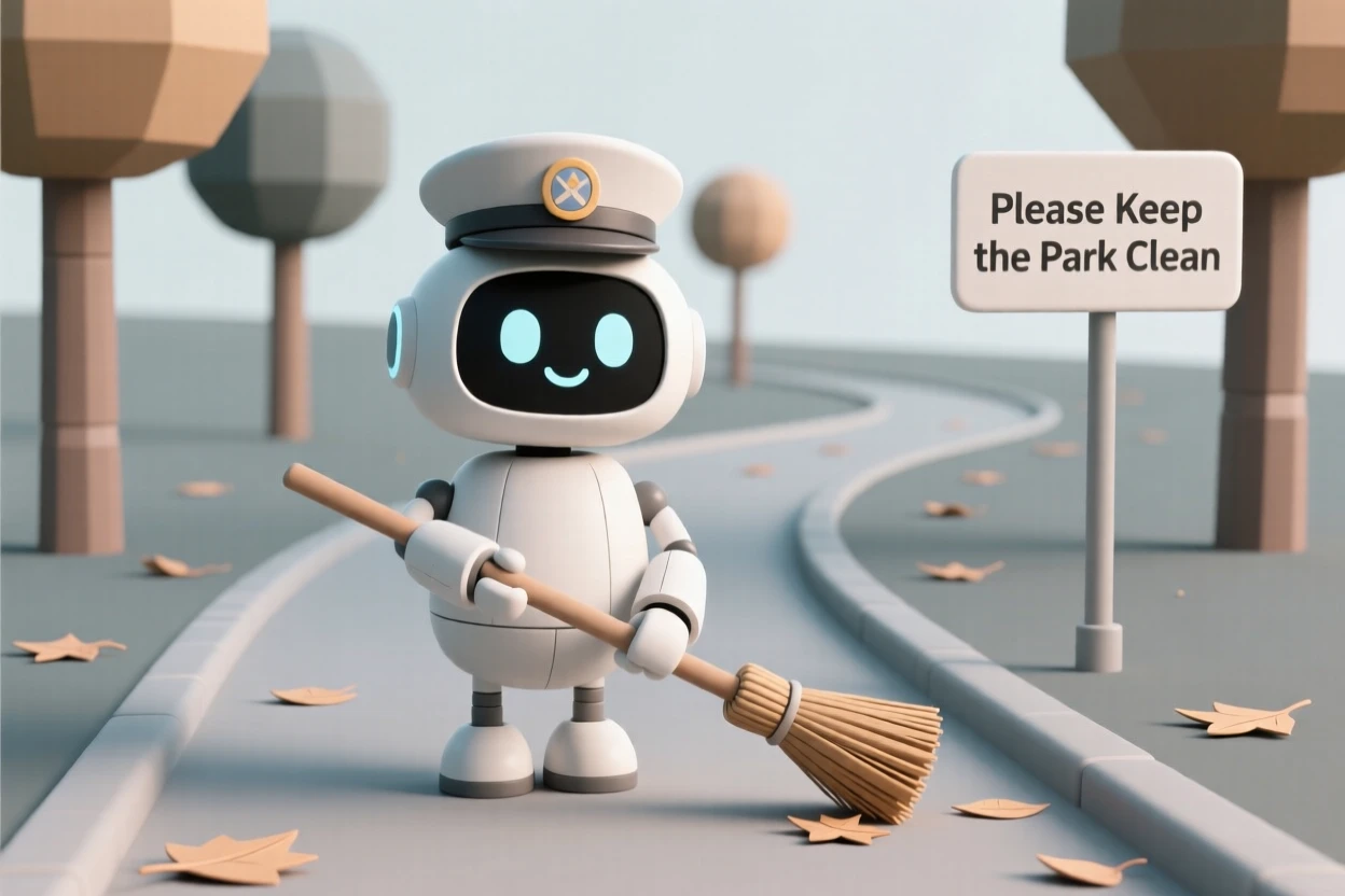 A cheerful crossing sweep robot politely clears fallen leaves from a park path each autumn morning.