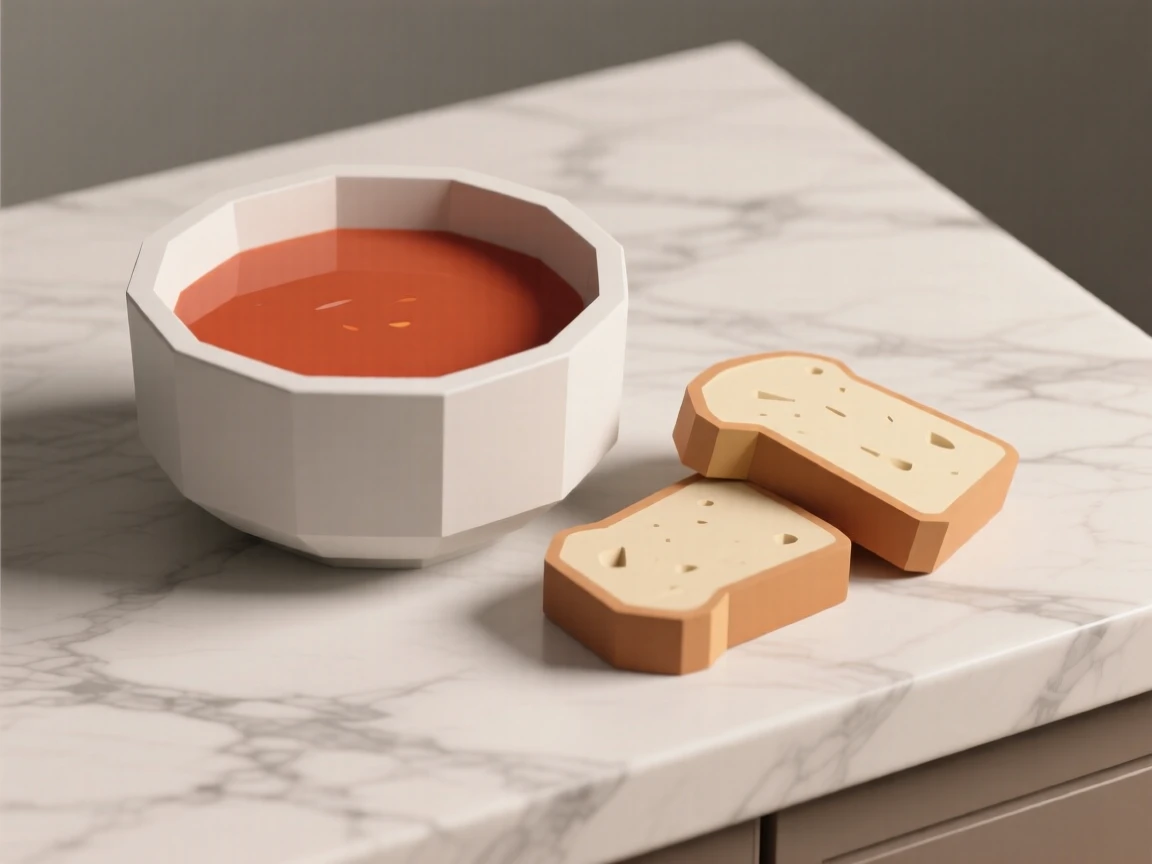 A warm bowl of tomato soup with crusty bread, on a marble countertop. vibrant colors are enhanced by careful arrangement. The scene feels warm and comforting.
