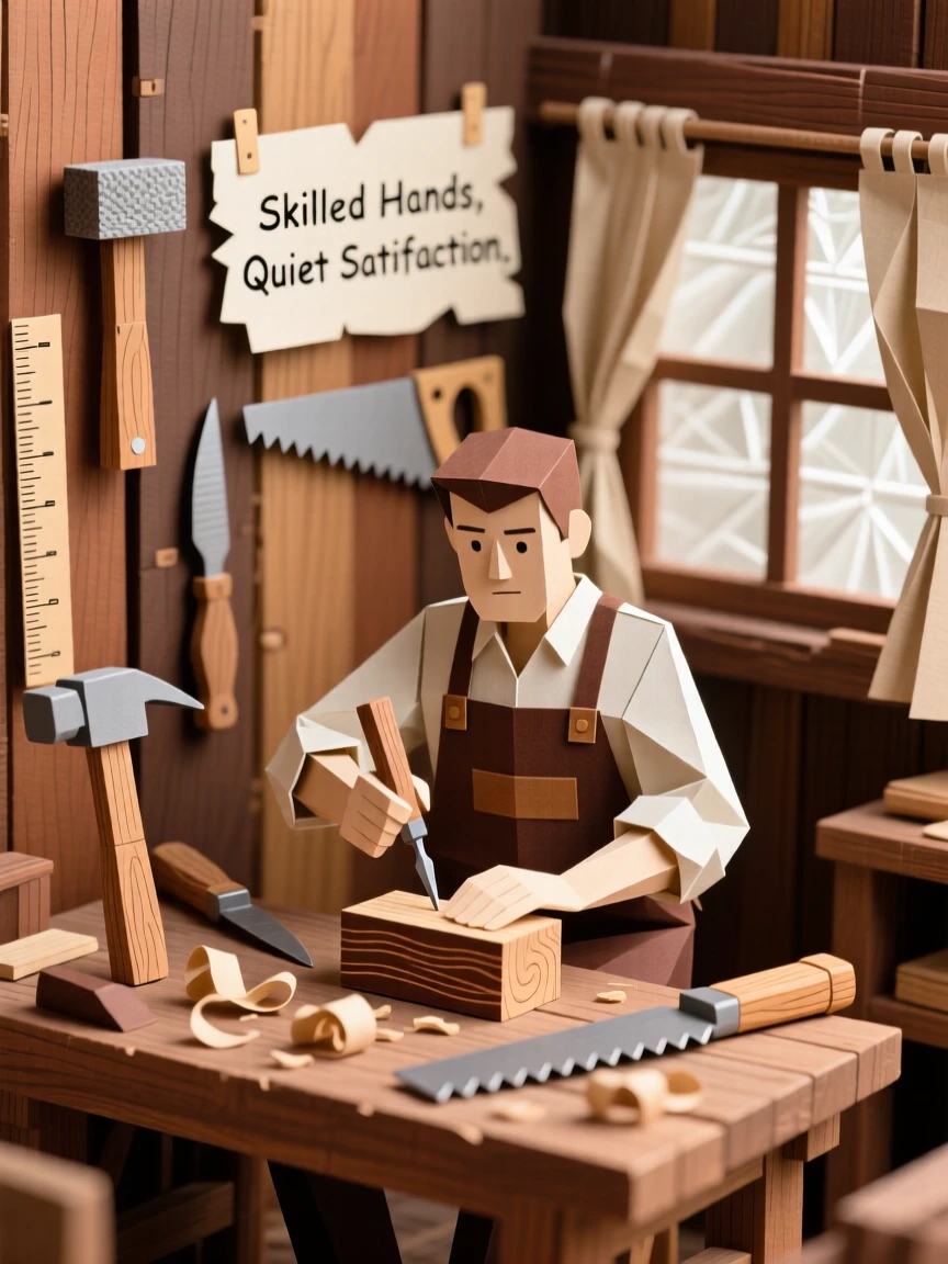 A meticulous woodworker surrounded by tools in a rustic workshop, with a look of quiet concentration, capturing the satisfaction of skilled hands at work.