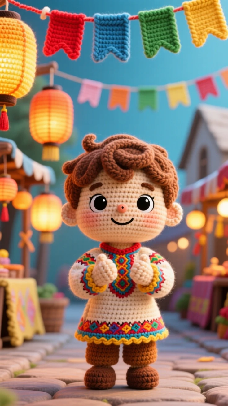 a small boy wearing a festival tunic with embroidered trim, for a folk dance gathering, is shown clapping in rhythm with the music in a festive market street strung with colorful decorations beside a row of glowing lanterns lining the path, capturing the cheerful spirit of a beloved tradition.