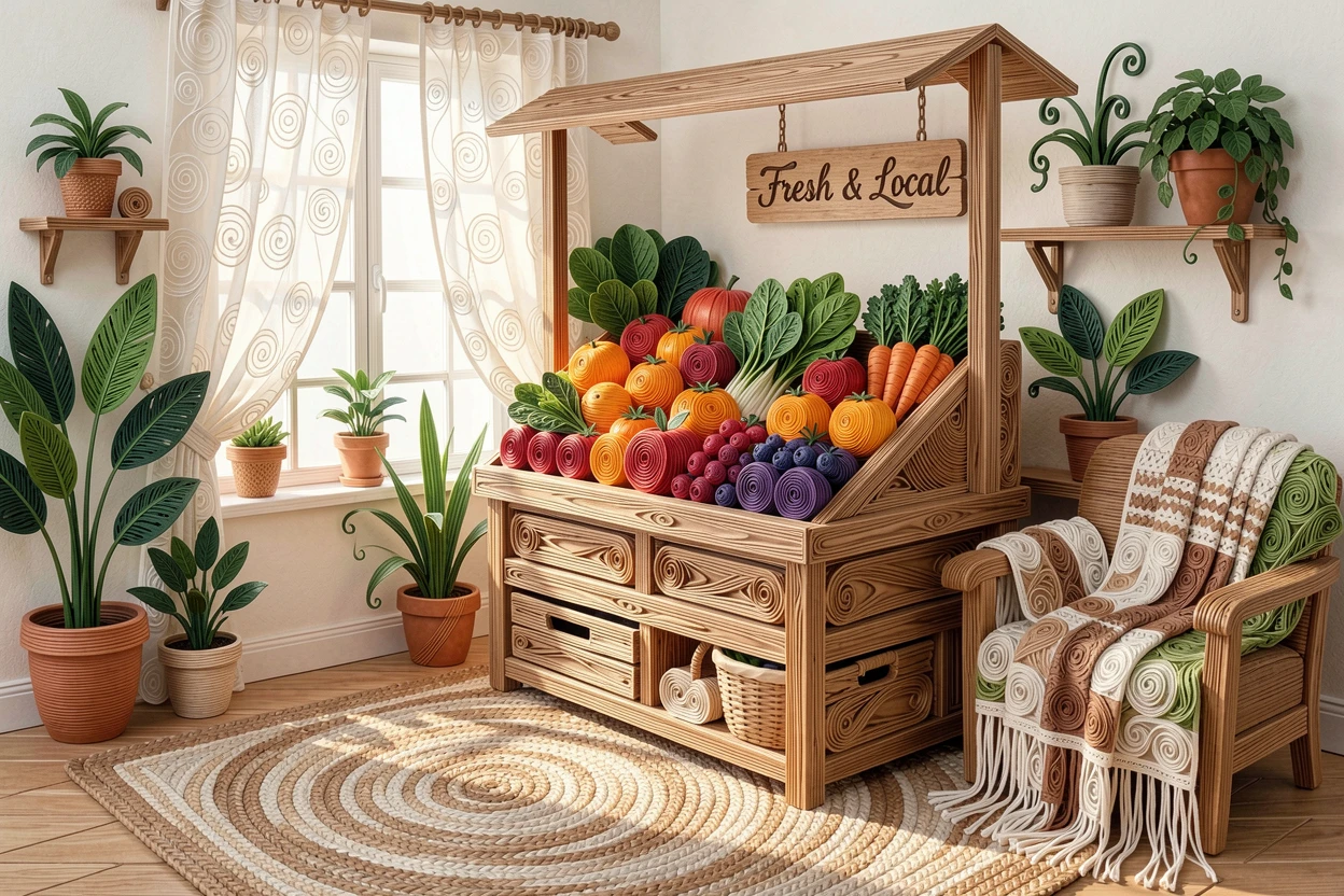 A relaxed modern lifestyle scene of a farmers market stall overflowing with fresh produce in a bright, plant-filled apartment, with soft morning light filtering through sheer curtains, arranged with cozy layered textures throughout.