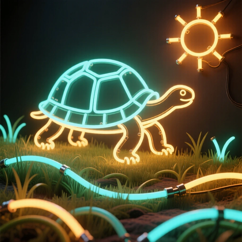 A wandering tortoise making slow progress across a sunlit meadow.