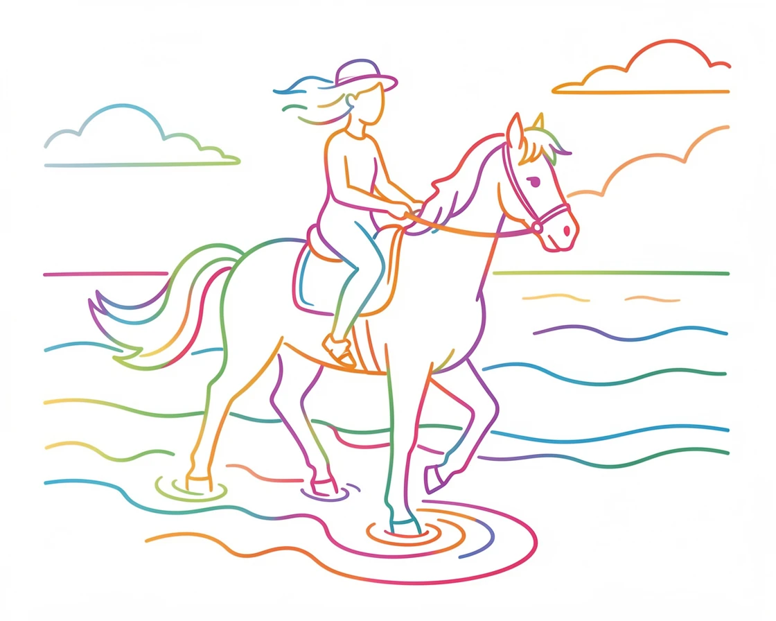 A person horseback riding along a beach at sunset, waves lapping at the hooves.