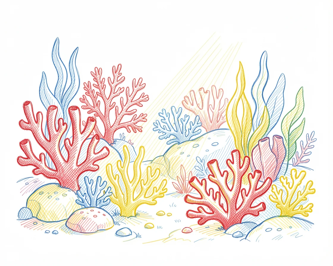 A vibrant coral garden glowing under soft underwater sunlight