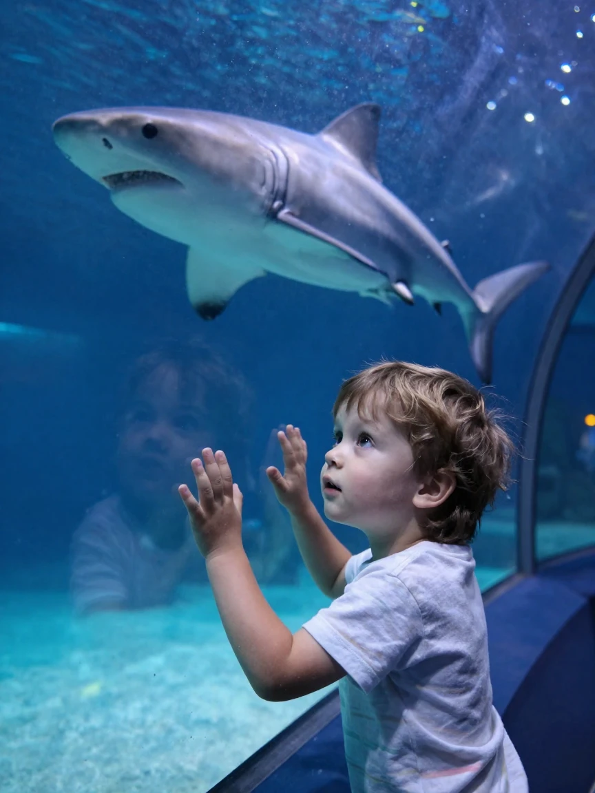 A little boy pressing his hand against an aquarium glass, eyes wide at a passing shark