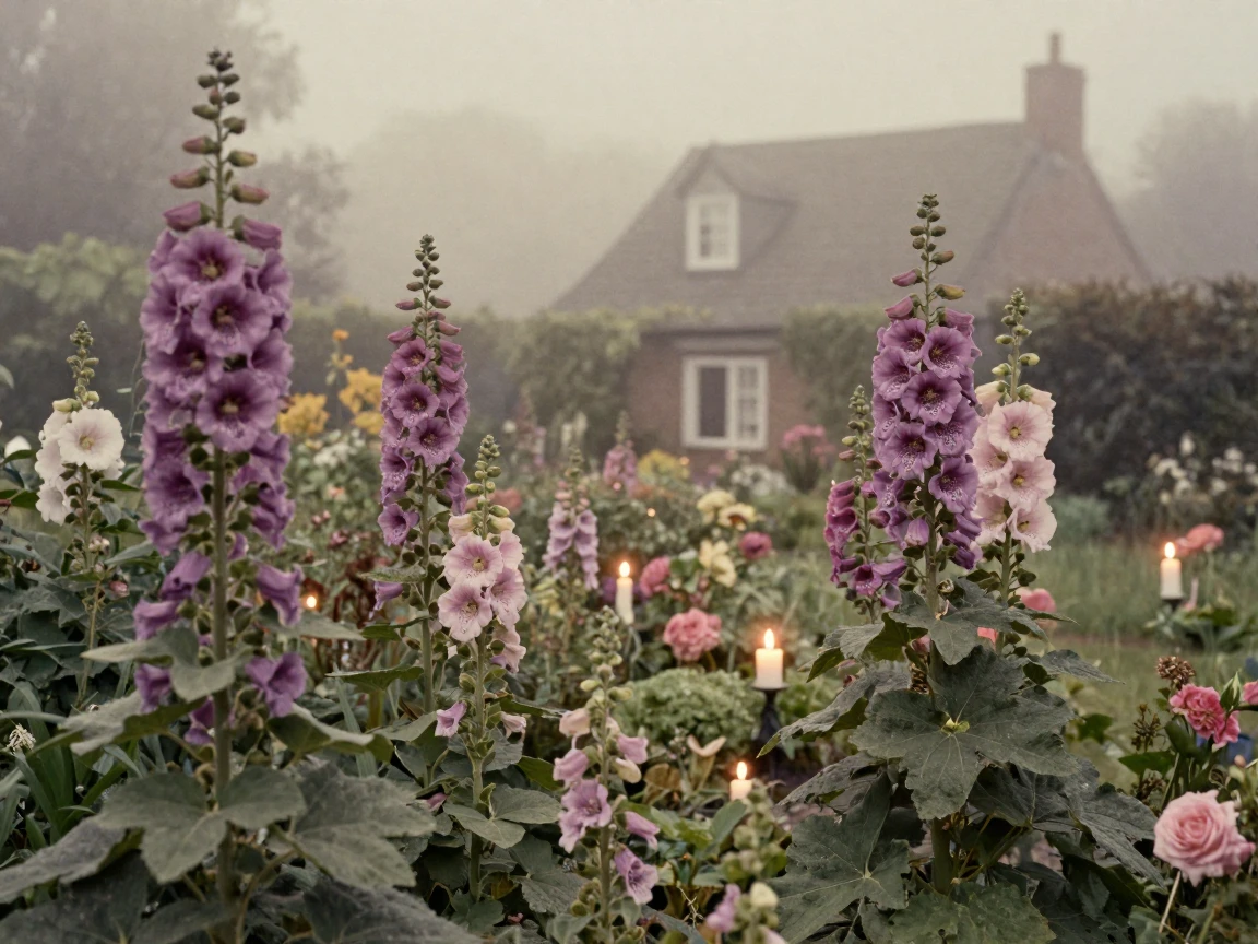A cottage garden overflowing with hollyhocks and foxgloves, under flickering candlelight, in thick rolling fog, as summer fades into fall, in dusty lavender and rose tones, from a wide establishing view.