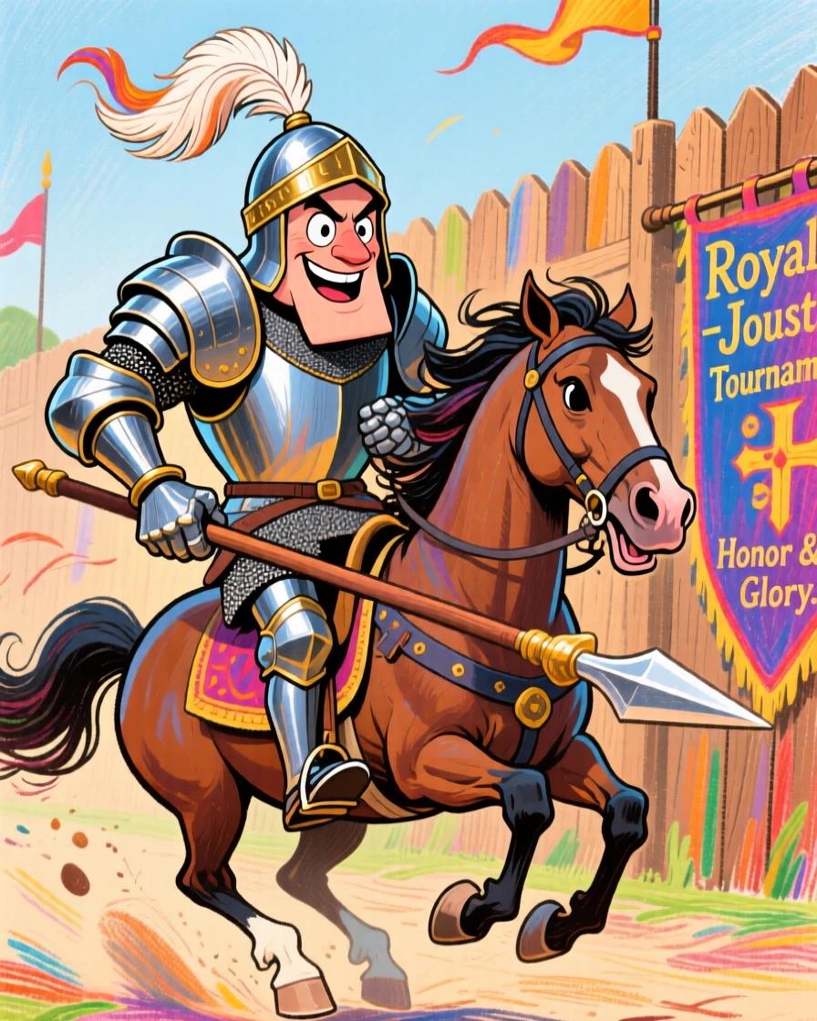 A royal knight jousting on horseback, lance lowered as he charges down the list.