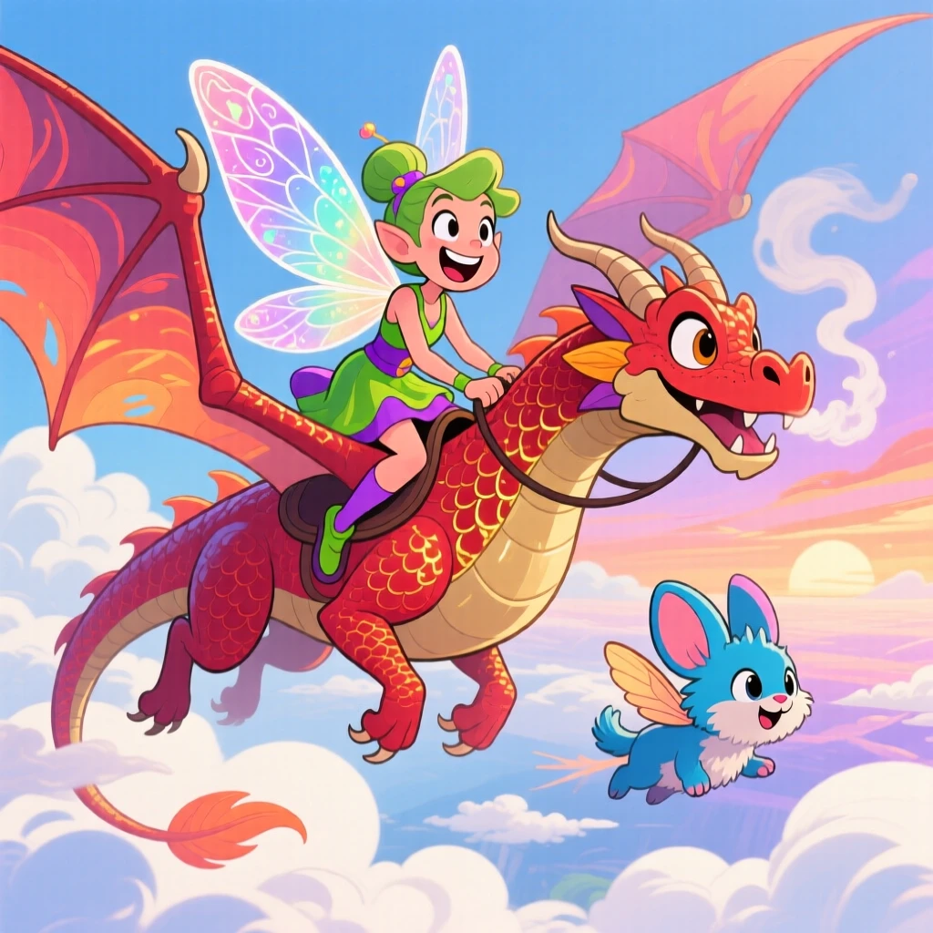 An imaginative fantasy scene of a mischievous fairy soaring above the clouds on the back of a magnificent dragon, with a loyal companion creature close behind.