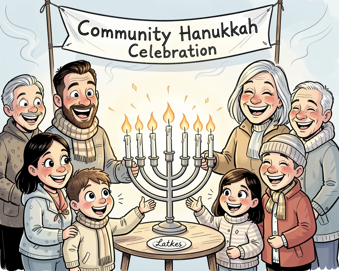 [Seasonal Holidays & Celebrations] Festive scene of a cozy community festival crowd lighting a menorah together, full of celebration and joy