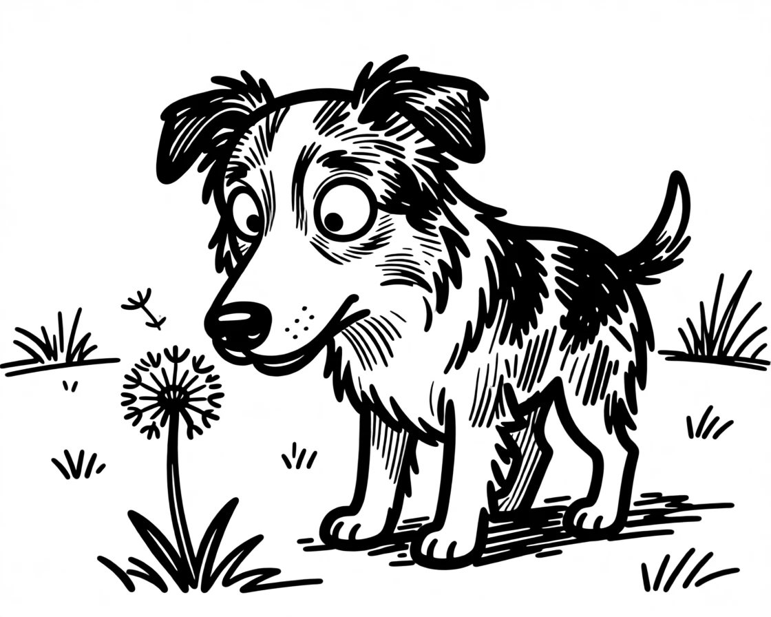 A australian shepherd curiously sniffing a single dandelion in a sunny backyard.