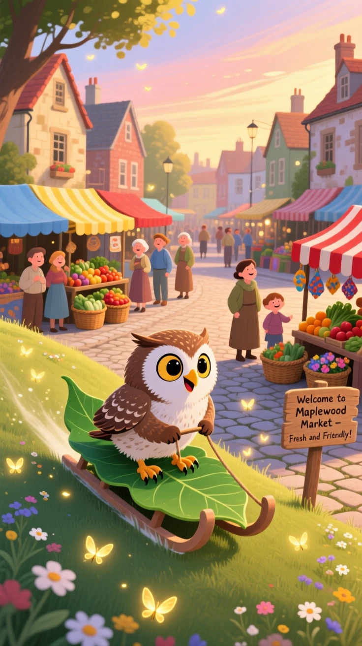 In a bustling market square, a wide-eyed owlet spends the afternoon sledding down a grassy hill on a leaf, while fireflies begin to glow.