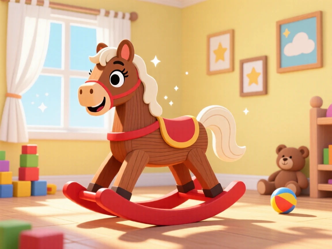 A rocking horse gently swaying in a sunlit playroom.