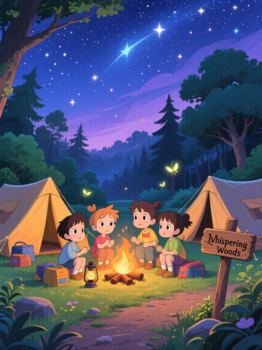 A group of friends setting up camp beneath a starry sky, the moment charged with curiosity.