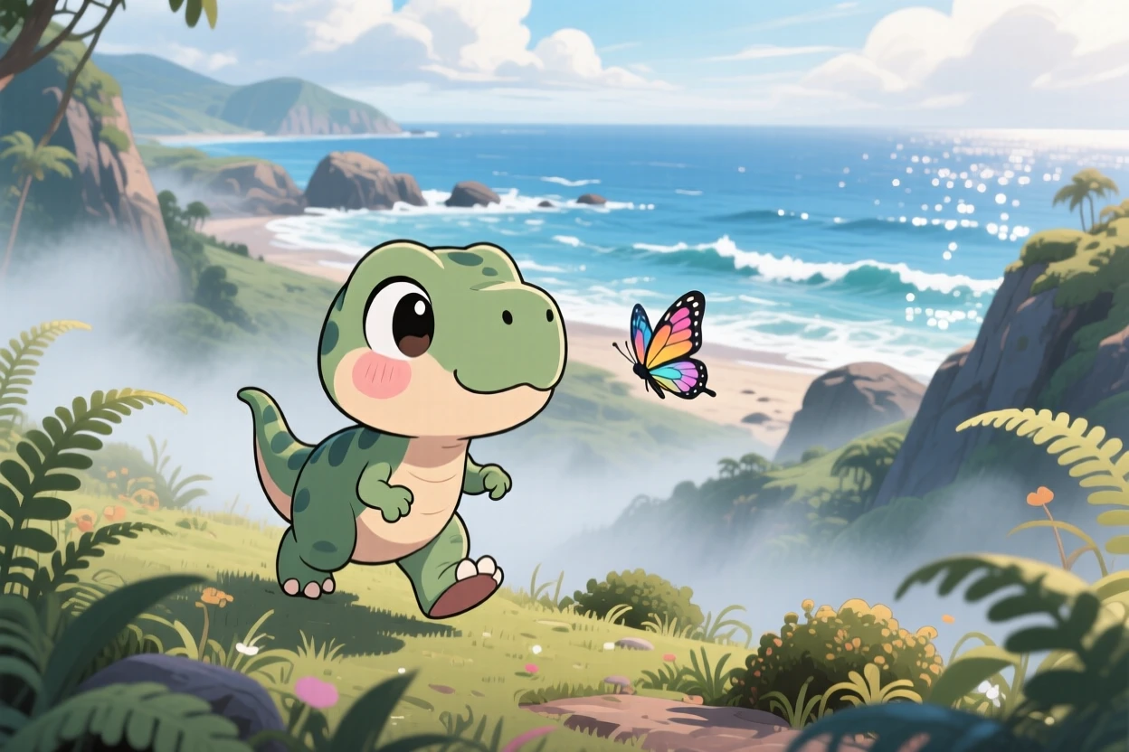 A friendly baby T-rex chasing a butterfly with tiny stomping steps in a misty prehistoric valley on a breezy coastal afternoon; shimmering reflected light off water washes over the scene as shy bashfulness fills the moment. Low-angle shot looking up.