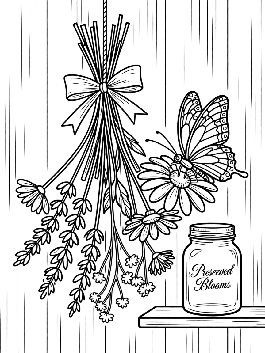 A bundle of dried flowers hanging to preserve, with a butterfly resting on one of the petals.
