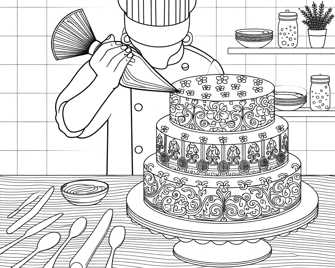 A pastry chef piping delicate flowers onto a cake.