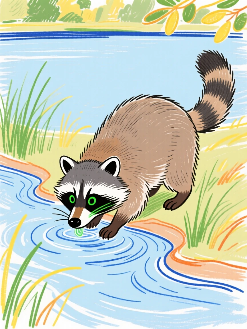 A curious raccoon drinking from a stream beside a still lake on a quiet summer afternoon.