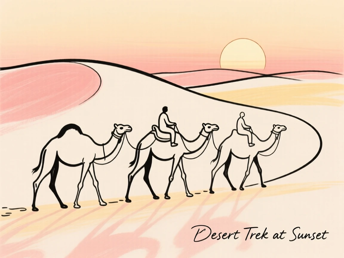 A desert camel trek at sunset