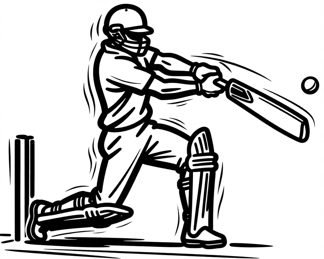 A cricket batsman striking the ball with full swing mid-match.